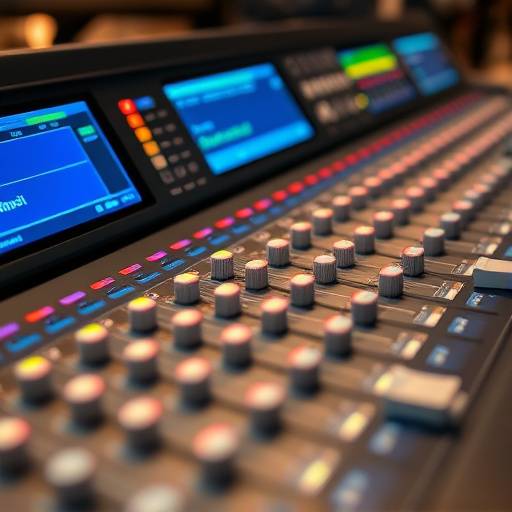 Dettaglio di una console di missaggio audio digitale con fader motorizzati e display LCD.