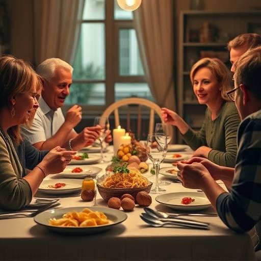 Fotogramma dello spot pubblicitario di Pasta Fresca Romana, con una famiglia che cena insieme.