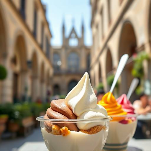 Immagine di un gelato artigianale della Gelateria Tre Fontane, con sullo sfondo l'abbazia.