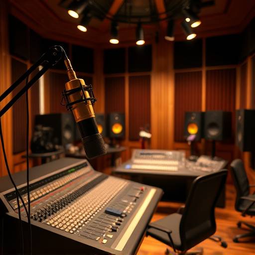 Interno di uno studio di registrazione con microfoni a condensatore Neumann e console di missaggio analogica.