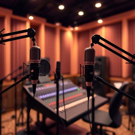 Interno di uno studio di registrazione con microfoni e console