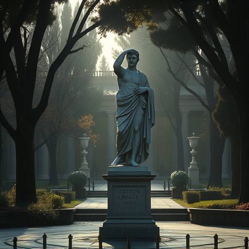 Scena del cortometraggio Il Silenzio delle Statue, con una statua in un parco di Roma.
