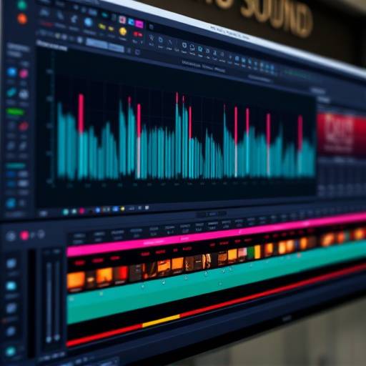 Schermata di un software di sound design con forme d'onda audio complesse e timeline di editing.