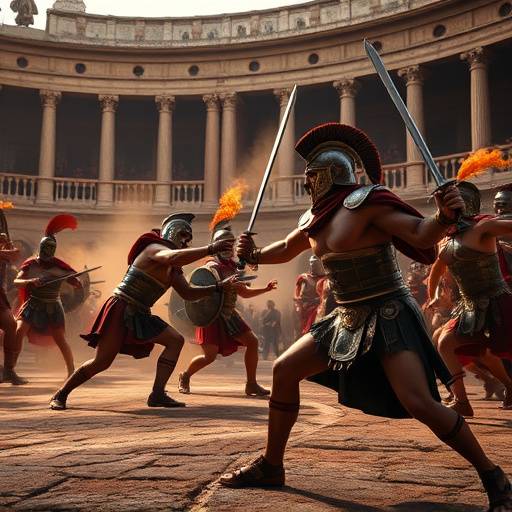 Screenshot del videogame Gladiatori di Roma, con due gladiatori che combattono nell'arena.